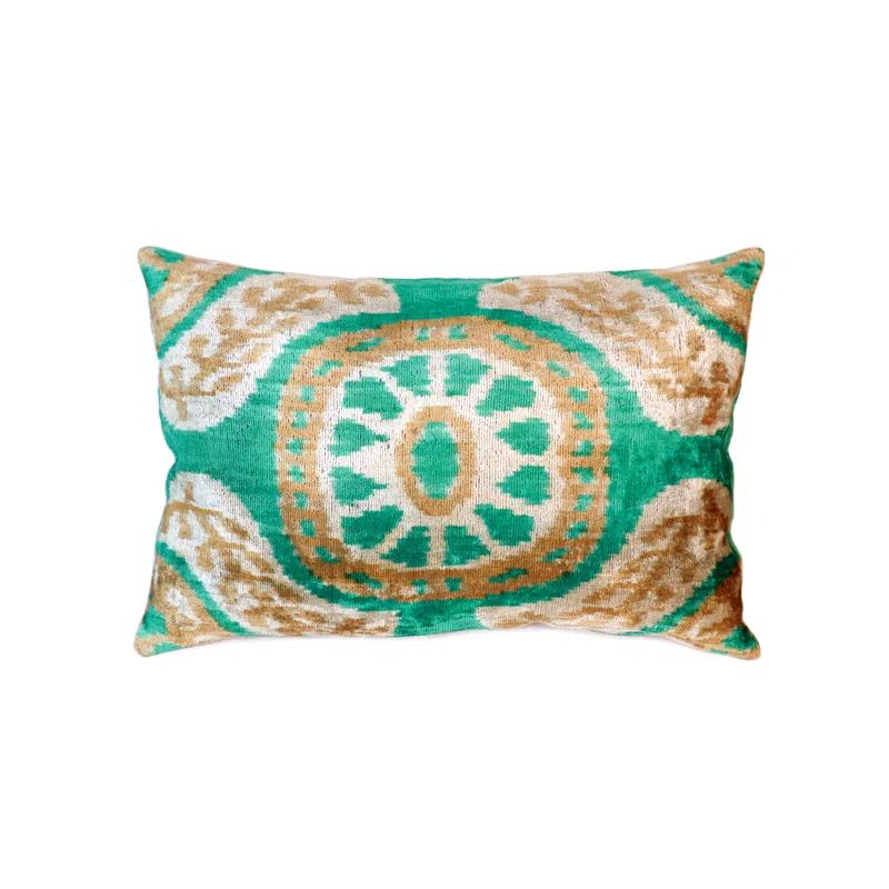 Green and Beige Ikat Embroidered Rectangular Velvet Pillow