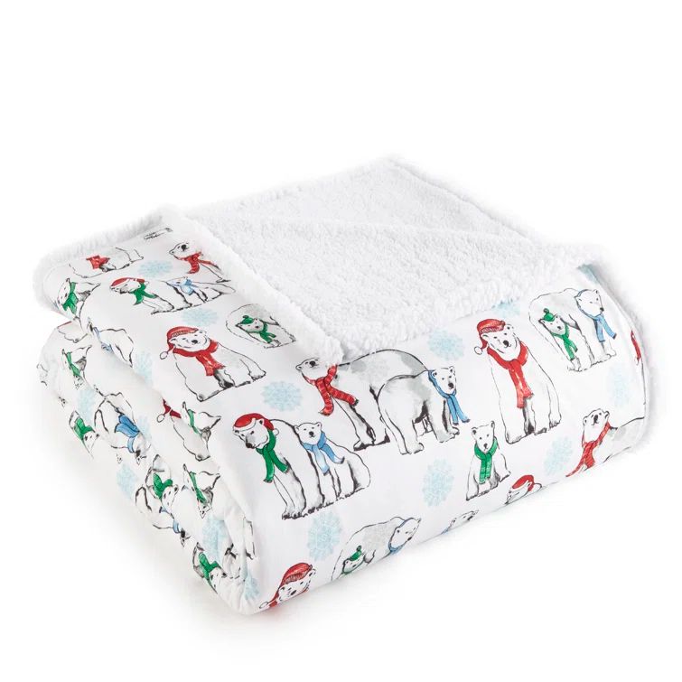 King Size Polar Bear Patterned Reversible Sherpa Fleece Throw