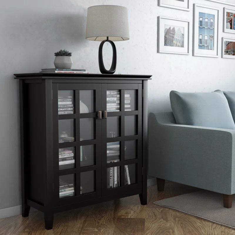 Simpli Home Artisan 38"W Solid Wood 4-Shelf Medium Storage Cabinet with Glass Doors and Adjustable Shelves