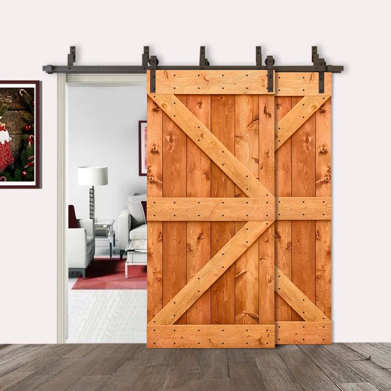 Red Walnut Knotty Pine Double Bypass Barn Door with Oil-Rubbed Bronze Hardware