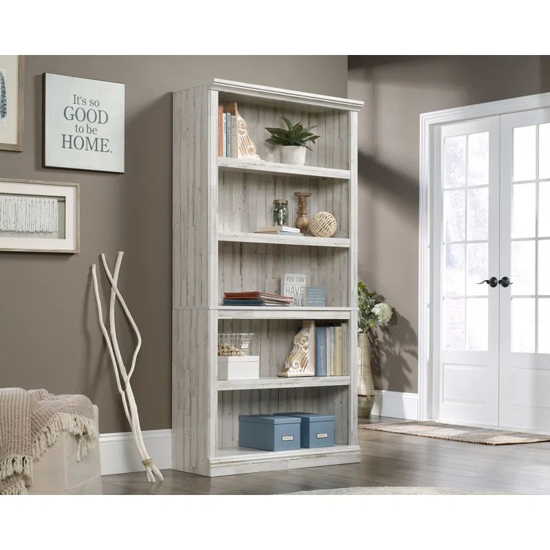 White Plank 5-Shelf Adjustable Wood Bookcase