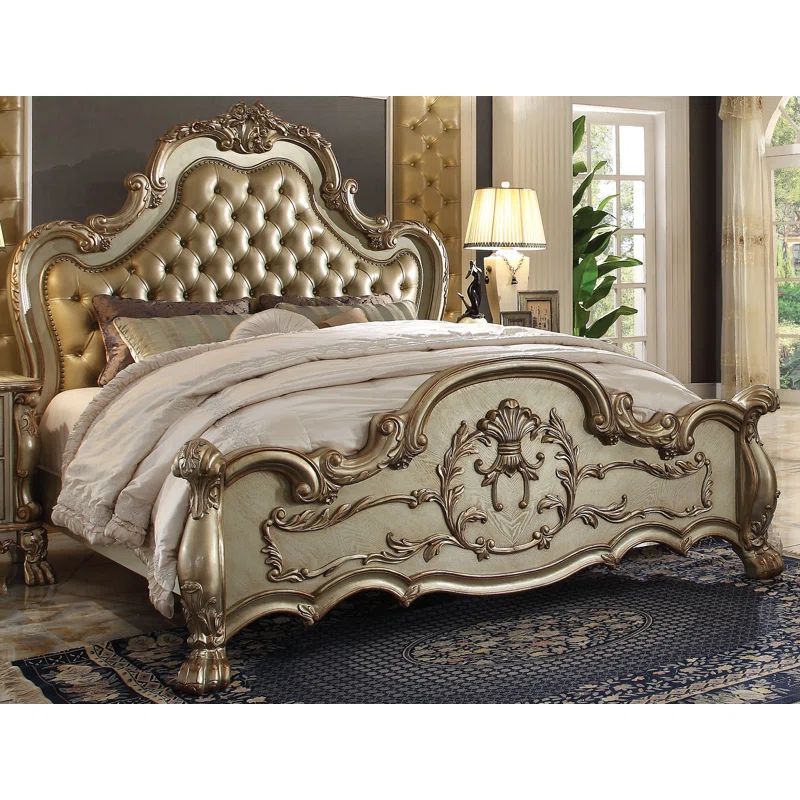 Dresden King Gold Patina Faux Leather Upholstered Bed