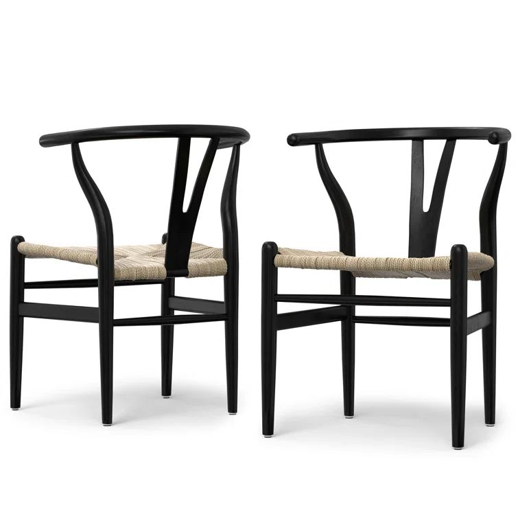 Hershey Black Beechwood Wishbone Dining Chairs with Woven Rope Seat, Set of 2