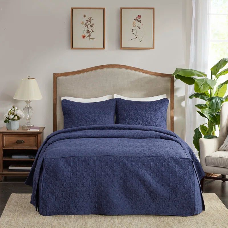 Navy Microfiber Queen Bedspread Set with Shams