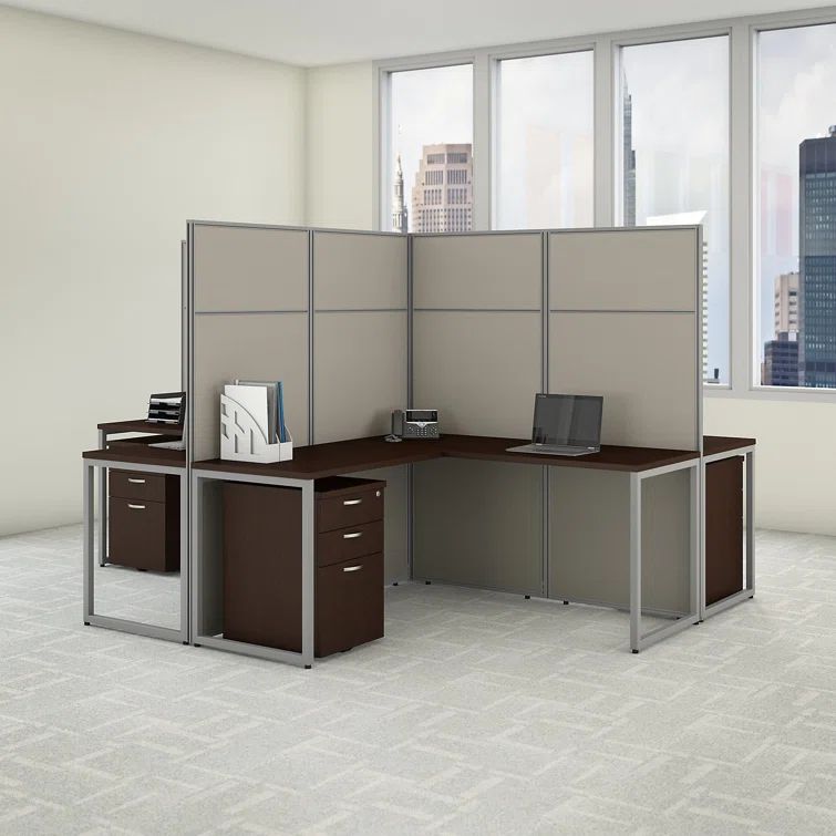 Mocha Cherry Metal L-Shaped Office Table Set with Storage