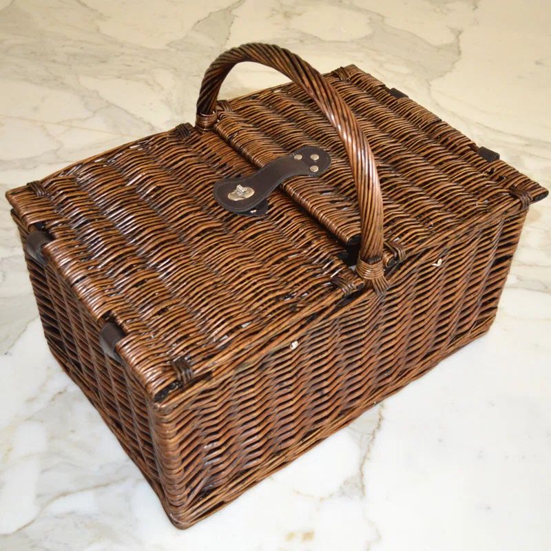 Handcrafted Brown Willow Picnic Basket with Blanket and Coffee Set