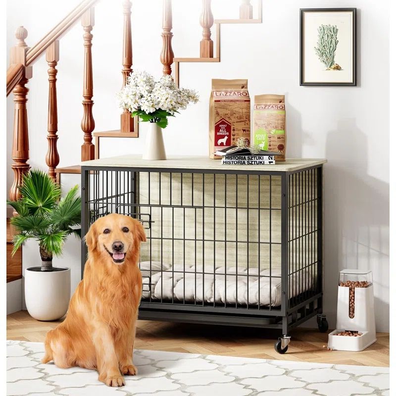 Large Gray and Black Rolling Dog Crate Furniture with Removable Tray