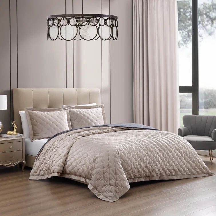 Tan Queen Velvet Comforter Set with Reversible Microfiber