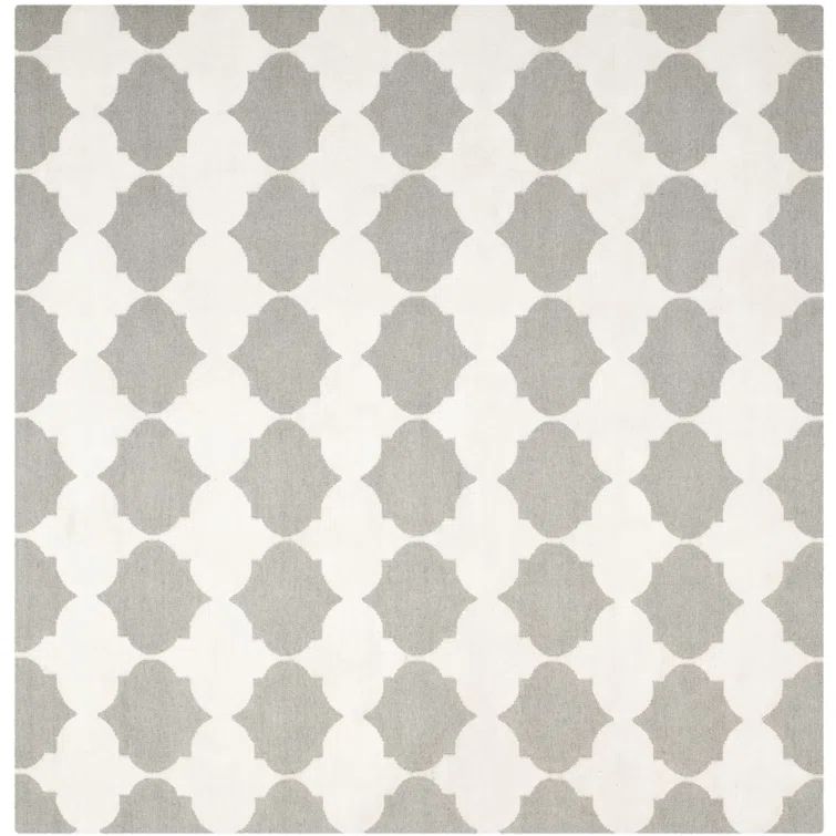 Handwoven Geometric Gray & Ivory Wool Square Rug - 7' x 7'