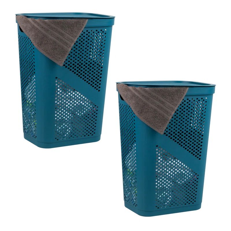 Teal Blue Green Wicker Rectangular Laundry Hamper Set with Lid