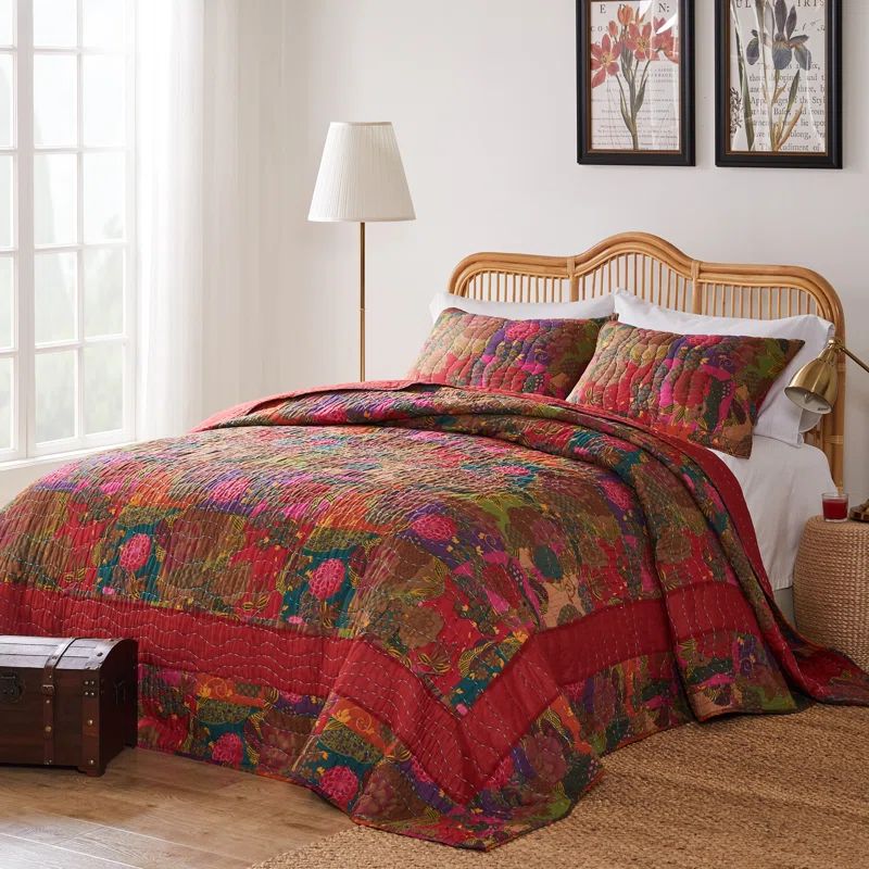 King Multicolor Cotton Reversible Floral Quilt Set