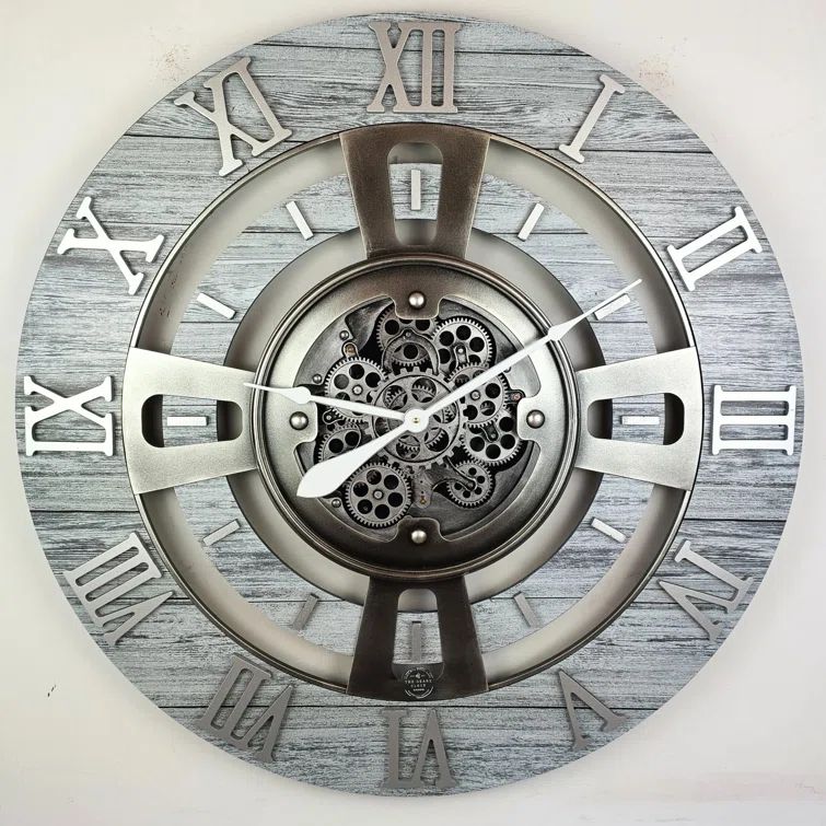 Oversized Silver Grey Wall Clock with Real Moving Gears