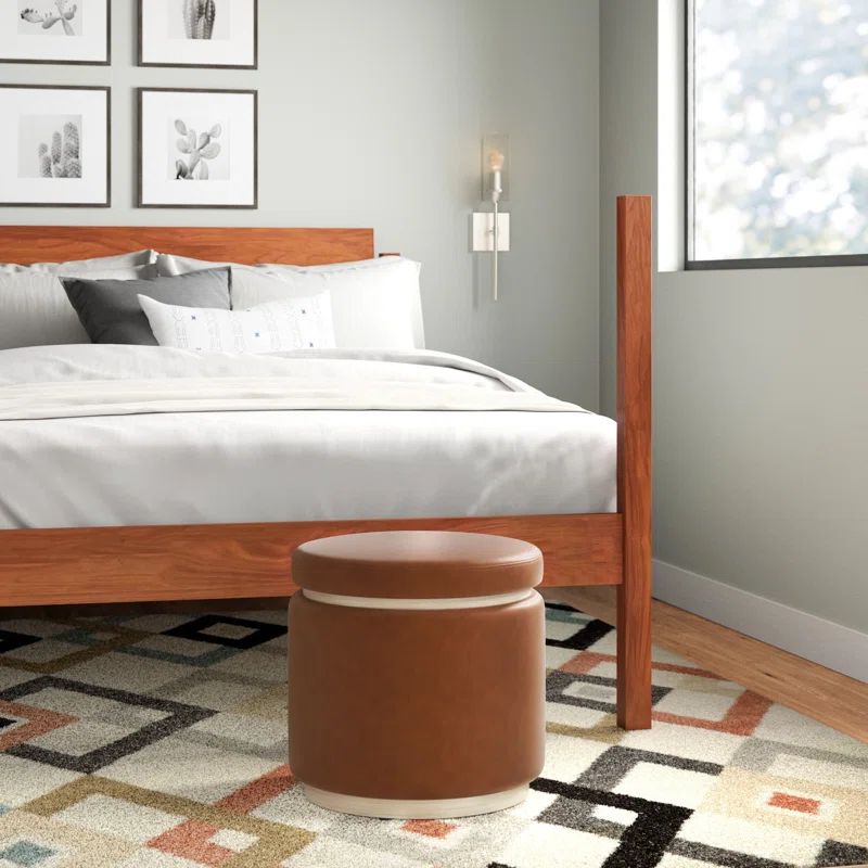 Caramel Faux Leather Round Storage Ottoman with Pinewood Trim