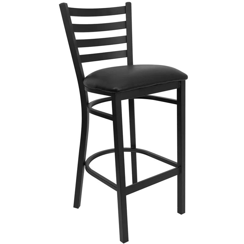 Elegant Black Metal Ladder Back Barstool with Vinyl Seat