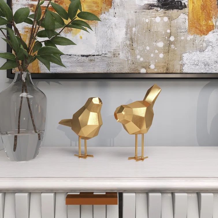 Gold Faceted Resin Bird Sculpture Set, 7" and 8"