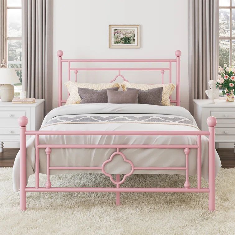 Pink Queen Metal Platform Bed Frame with Vintage Headboard and Footboard