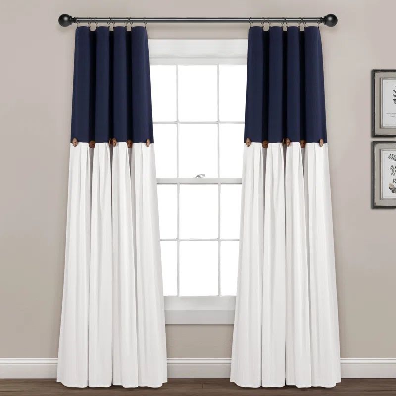 Navy and Off-White Linen Button Blackout Window Curtain Panel