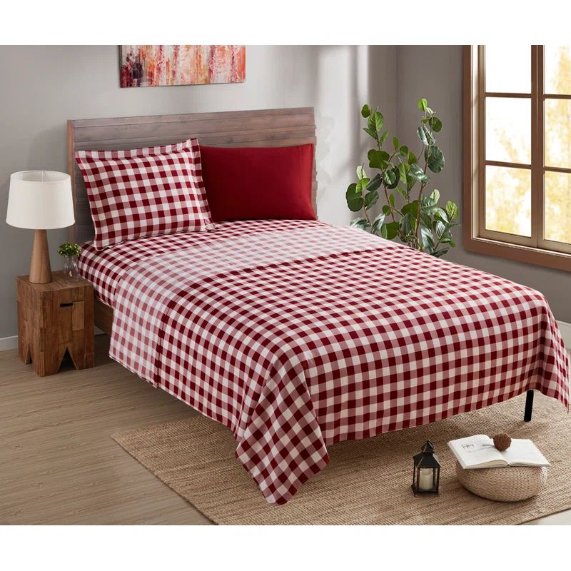 Twin Checker Red Microfiber Deep Pocket Sheet Set
