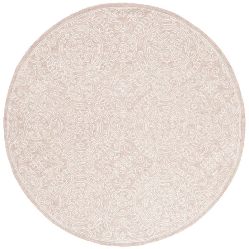 Beige Ivory Round Hand-Tufted Wool and Cotton Rug