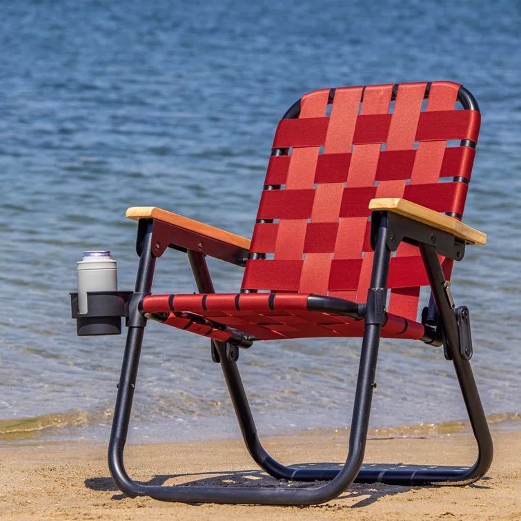 Burnt Red Woven Folding Beach and Camping Chair with Cup Holder