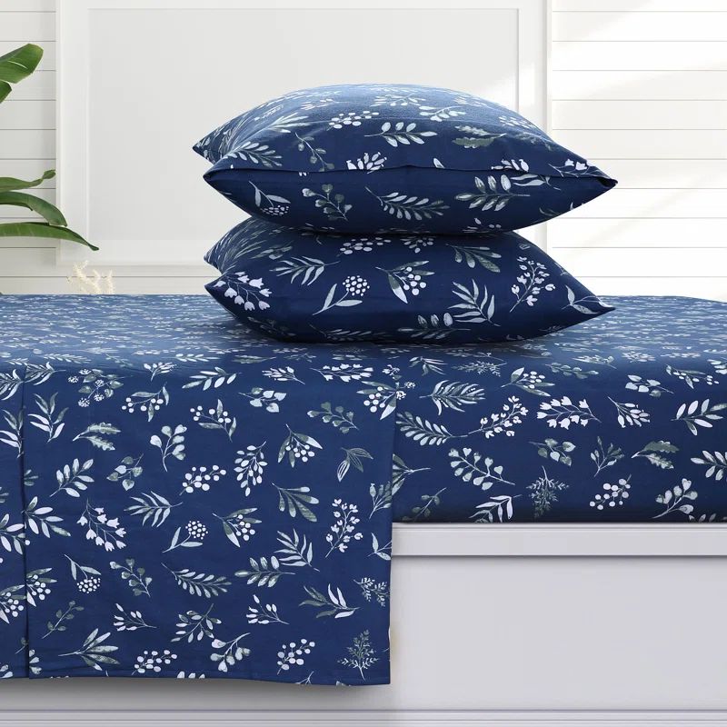 Dark Blue Floral Cotton Flannel Full Sheet Set with Deep Pockets