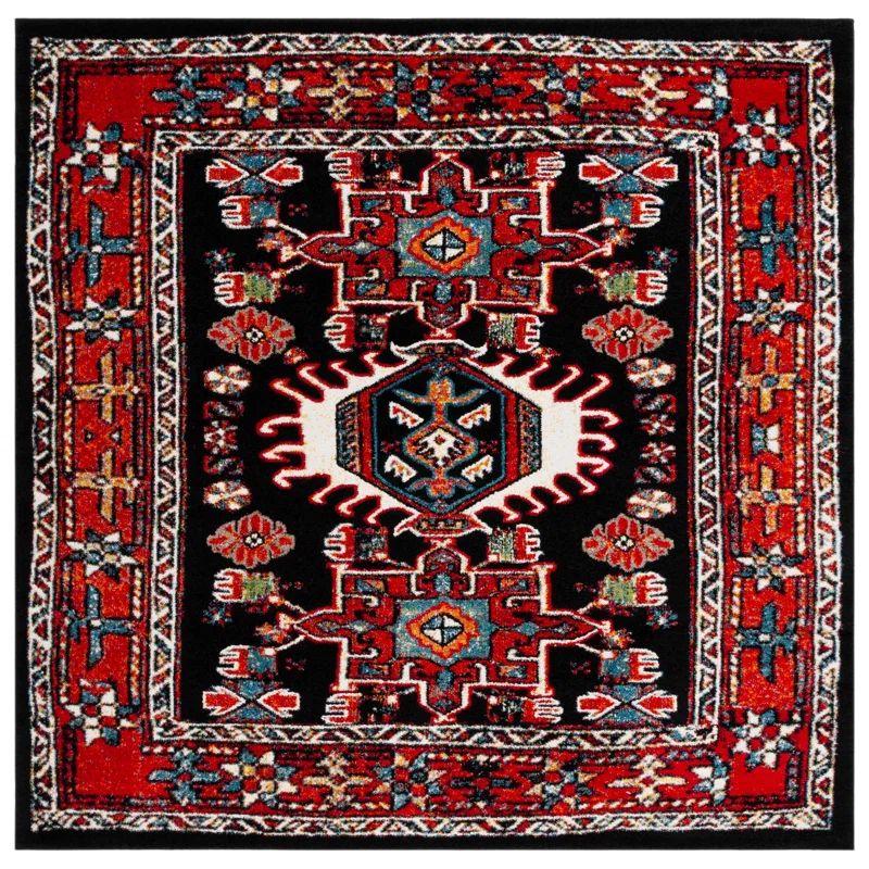 Red and Black Square Synthetic Oriental Area Rug, 6'7" x 6'7"