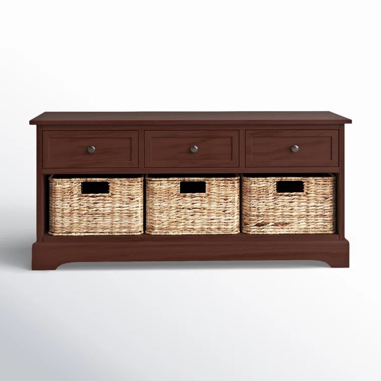 Transitional Damien Dark Cherry Pine Storage Bench with Wicker Baskets