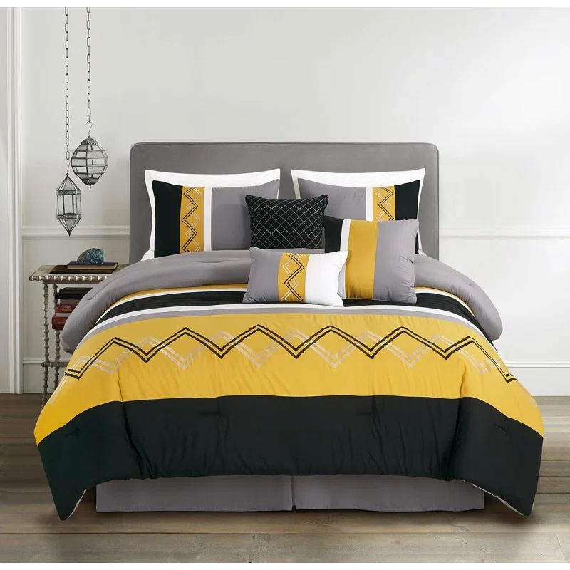 Full Turmeric Black Silver Gray White Microfiber Comforter Set