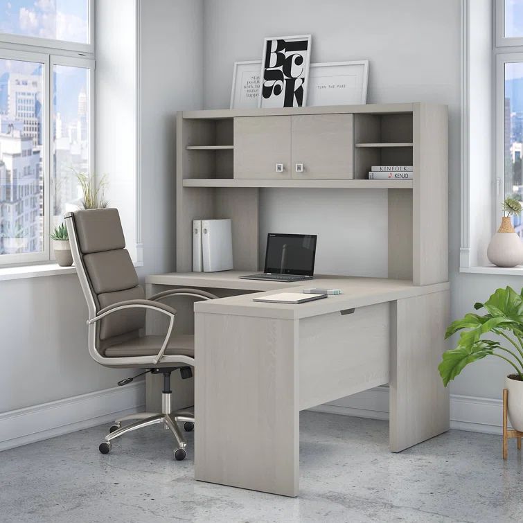 Contemporary Gray Sand L-Shaped Computer Desk with Hutch and Filing Cabinet