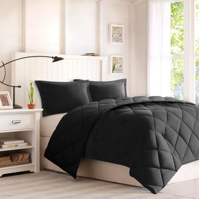 King Black Reversible Down Alternative Comforter Set with Fringe