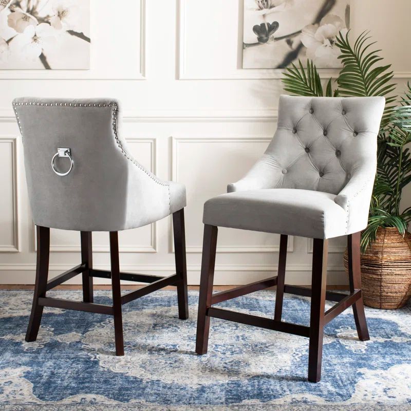 Eleni 26" Light Grey Tufted Wingback Counter Stool with Chrome Accents