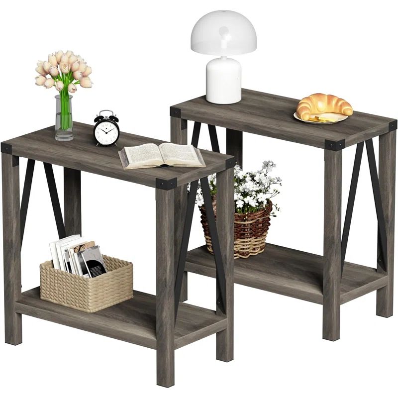 Gray Rustic Farmhouse End Table with Storage Shelf, 2 Pack