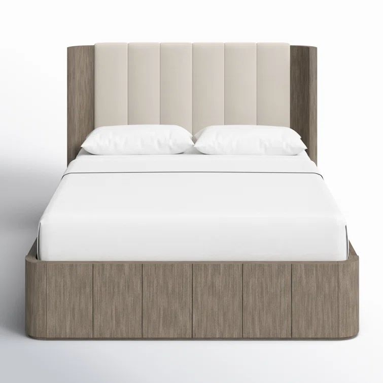 Queen Beige Upholstered Wood Frame Bed