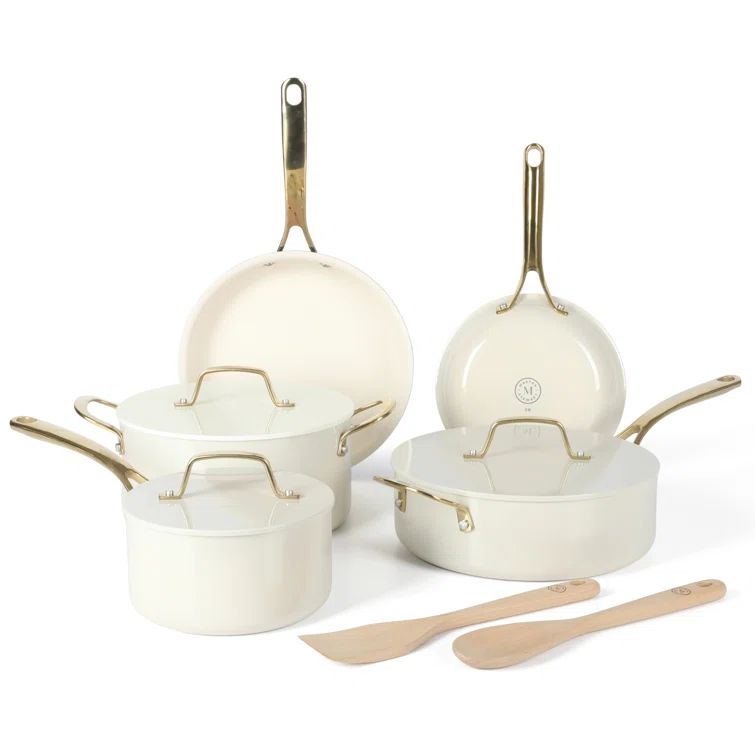Linen White and Gold Nonstick Aluminum 10-Piece Cookware Set