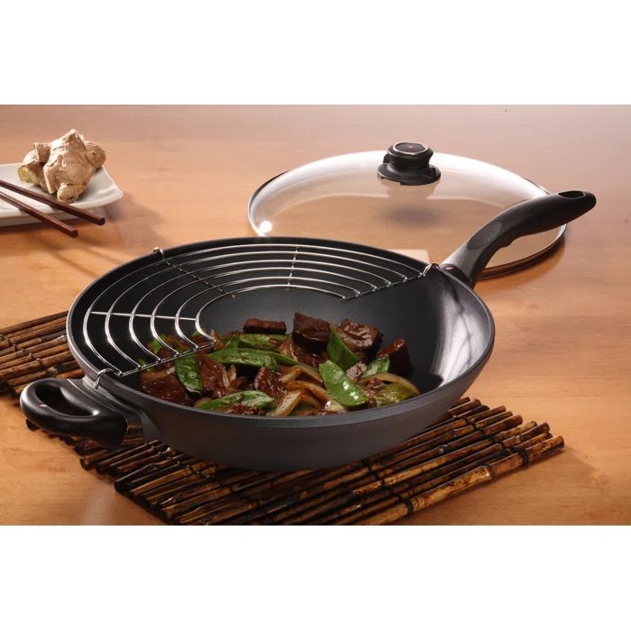 Swiss Diamond 12.5" Black Aluminum Nonstick Wok with Lid and Tempura Rack