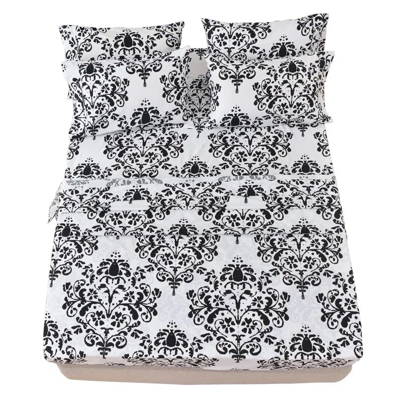 Twin Black and White Damask Microfiber Bed Sheet Set