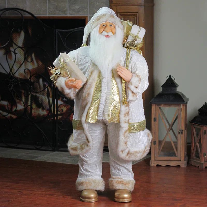 24" Winter White and Gold Santa Claus Metal Figurine