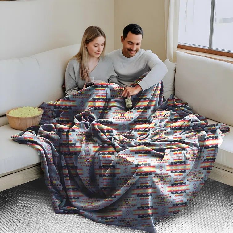 Gray Geometric Aztec Queen Sherpa Fleece Reversible Throw Blanket