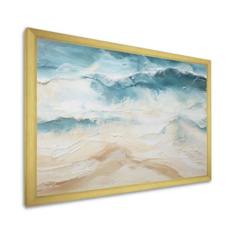 Modern Coastal Beige and Blue Canvas Print with Gold Frame