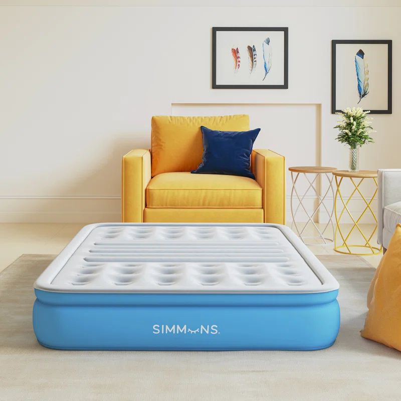 Full Size White and Blue PVC Raised Air Mattress with Built-in Pump