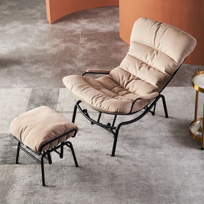 Beige Velvet Mid-Century Modern Glider Rocking Chair with Ottoman