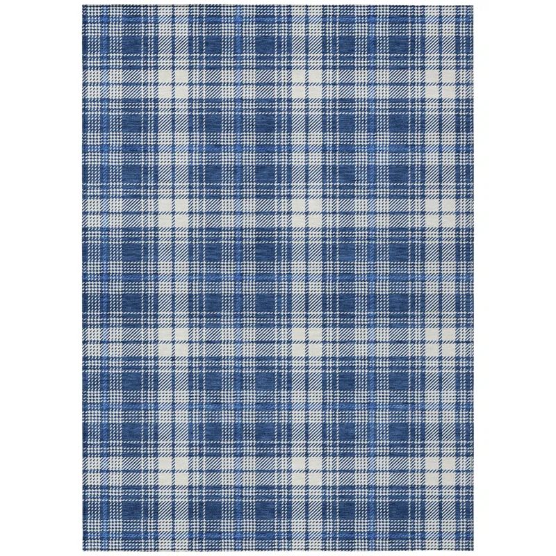 Navy and White Plaid Synthetic Washable 10' x 14' Rug