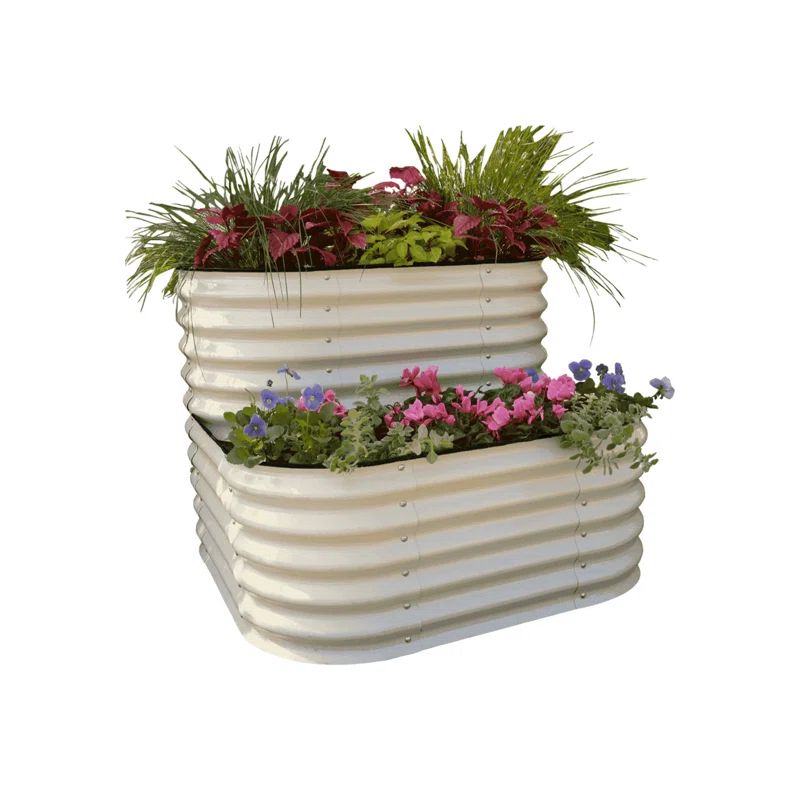 Pearl White Tiered Metal Raised Garden Bed for Outdoor Entryway
