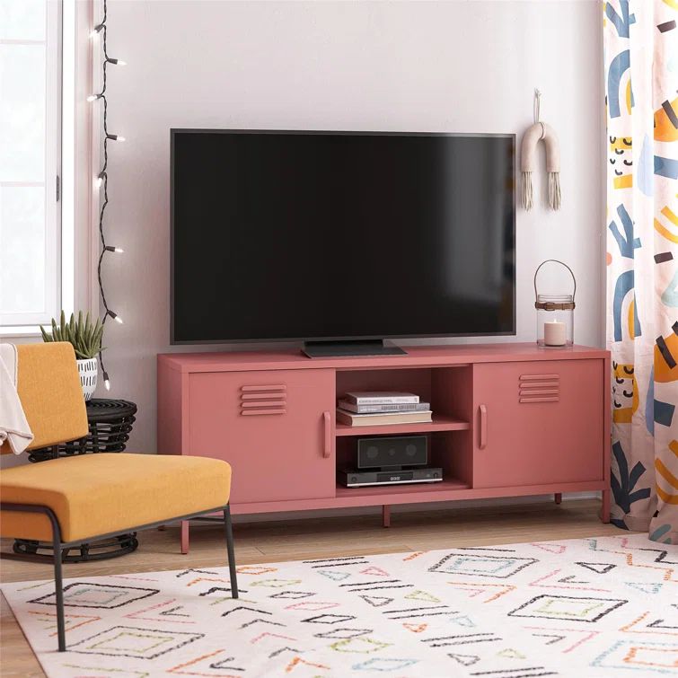 Dusty Rose Metal Locker-Style TV Stand with Cabinet