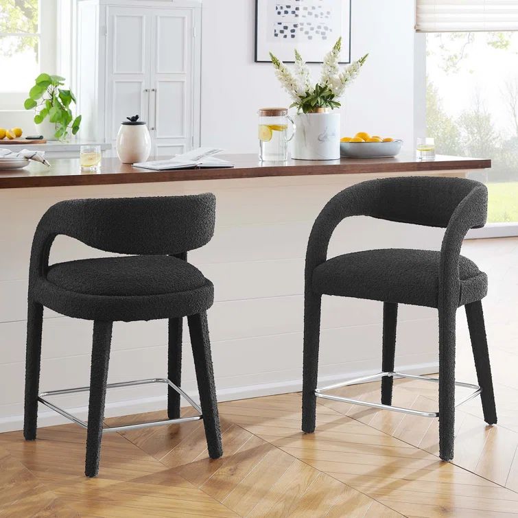 Black Boucle Upholstered Counter Stools with Metal Legs, Set of 2