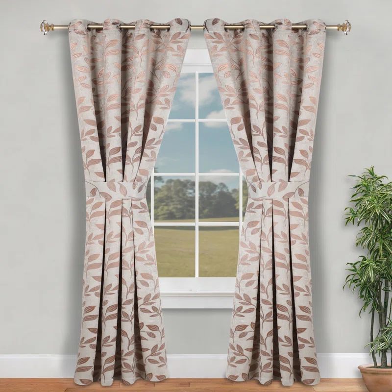Bronze Leaf Pattern Blackout Polyester Curtain Panels 42" x 96"