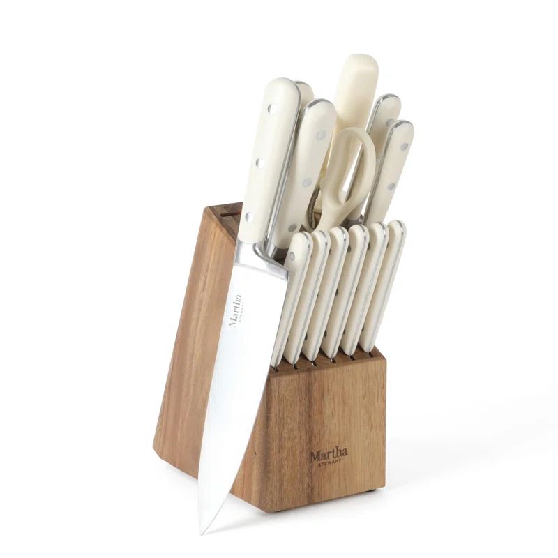 Linen White 14-Piece Stainless Steel Knife Set with Acacia Block