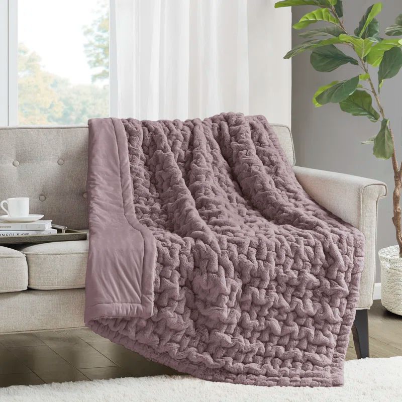 Lavender Gray Faux Fur Reversible Knitted Throw Blanket 50x60"