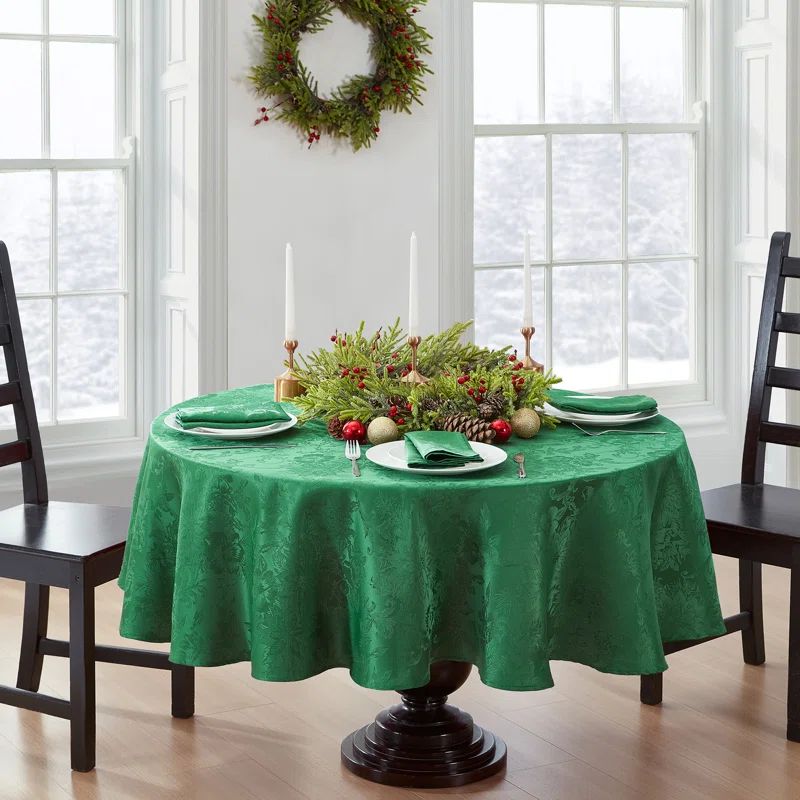 Green Polyester 90" Round Holiday Tablecloth with Jacquard Poinsettia Design