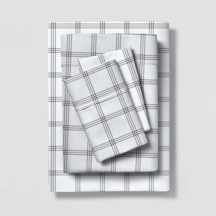 Queen Grey Checks Cotton Polyester Percale Sheet Set